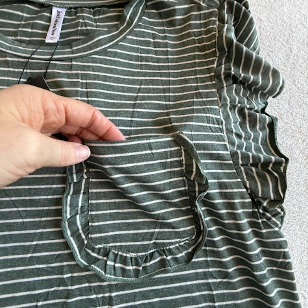 NWT Olive Green Striped Ruffle Sleeve Tee Womens Casual Pocket Top Size M - Picture 9 of 13